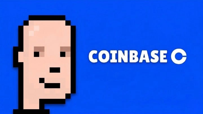 A blue background featuring a pixelated face illustration next to the 'COINBASE' logo with its signature circle icon.