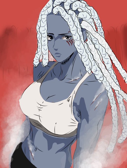 An anime-style illustration of a blue-skinned woman with long white braided hair, red eyes with markings under them, wearing a white crop top against a red background with smoke effects.