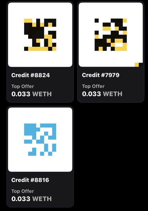 A dark-themed digital marketplace interface displaying three NFT-style credit cards with pixelated designs (yellow and blue patterns), each labeled with credit numbers (#8824, #7979, #8816) and "Top Offer 0.033 WETH."
