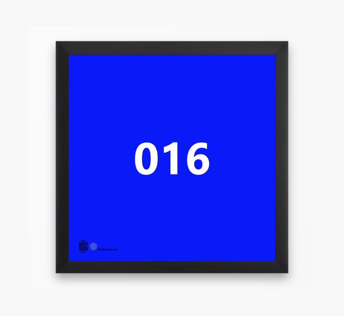A framed blue square print featuring the white number "016" centered in bold text, with a small logo in the bottom left corner.