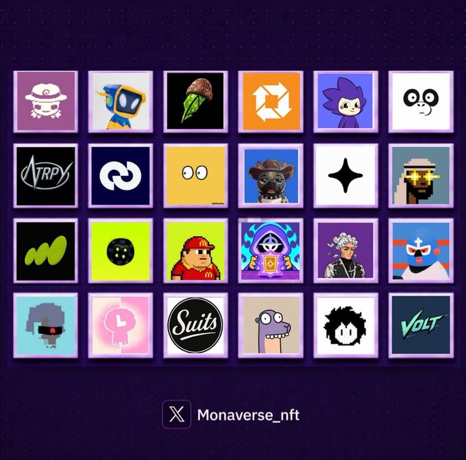 Grid of 24 colorful NFT profile pictures on a dark purple background, associated with Monaverse_nft on X.