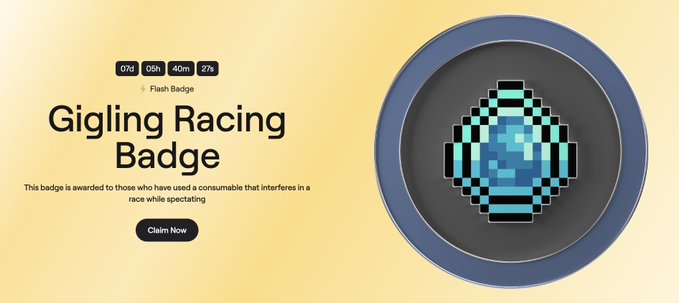 A webpage showing a 'Gigling Racing Badge' with 07d 05h 40m 27s remaining, featuring a pixelated blue diamond icon and text describing it as a badge for those who interfered in a race while spectating.