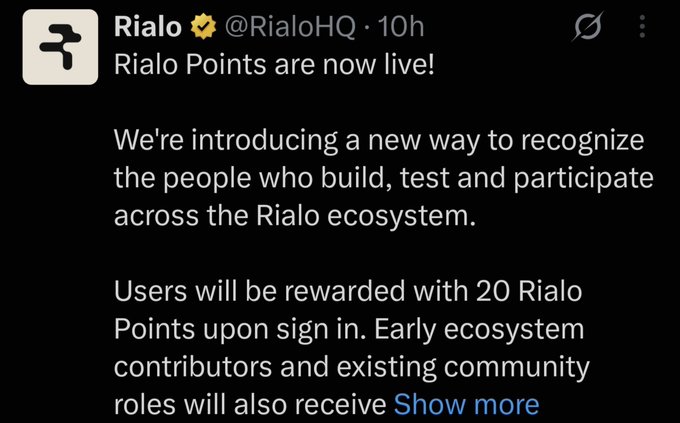 A tweet from Rialo (@RialoHQ) announcing 'Rialo Points are now live!' to recognize contributors, offering 20 Rialo Points upon sign-in to early ecosystem participants.