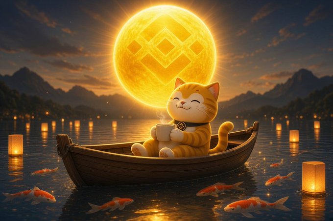 An illustration of a smiling orange cat in a bell collar sitting in a wooden boat on a moonlit lake, holding a steaming mug with a glowing BNB-style logo on a large moon in the background, surrounded by koi fish and floating lanterns.