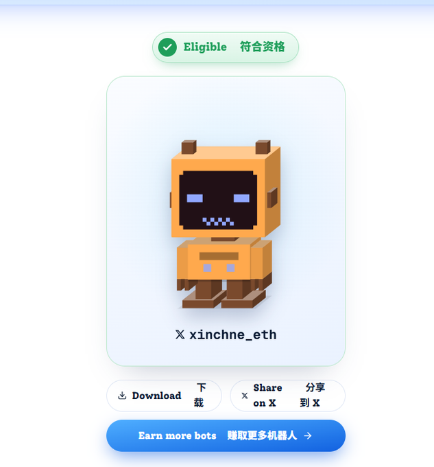 A digital card showing a voxel-style orange robot avatar with a 'Eligible' badge, the username 'xinchne_eth', and buttons to download or share the bot.