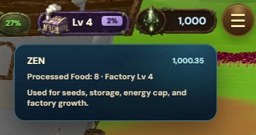 A game interface showing ZEN currency at 1,000.35, processed in Food Factory Lv 4, used for seeds, storage, energy cap, and factory growth.