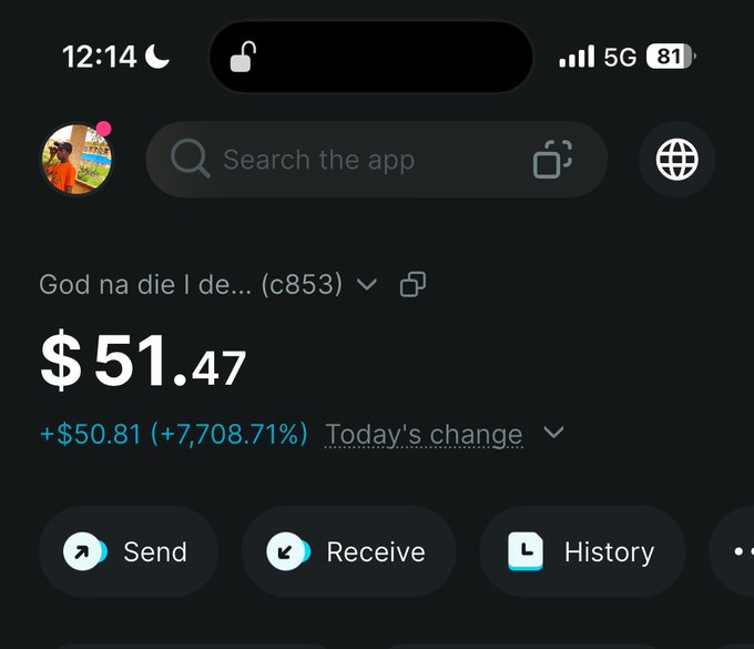 A screenshot of a crypto wallet app shows a portfolio named "God na die I de..." (c853) with a balance of $51.47, reflecting a $50.81 (+7,708.71%) gain marked as "Today's change." This large percentage surge visually backs up the poster's celebration of earning their first dollars as a crypto newbie.