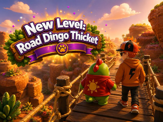 A vibrant game promotional image showing a boy in an orange hoodie walking on a rope bridge with a green dinosaur-like character, with text reading "New Level: Road Dingo Thicket".