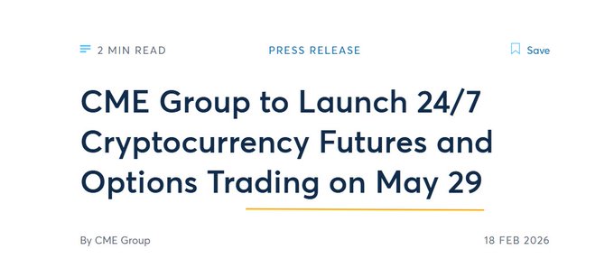 The image features an advertisement for CME Group launching 24/7 cryptocurrency futures and options trading on May 29, with details of all the trading opportunities that are open. The website's title says "CME Group to Launch 24/7 Cryptocurrency Futures & Options Trading On May 29". The image includes text in a light blue color that explains how CME Group is now opening its markets 24 hours a day and offers options trading on these exchanges, with details of various cryptocurrencies like Bitcoin, Ethereum, and more.