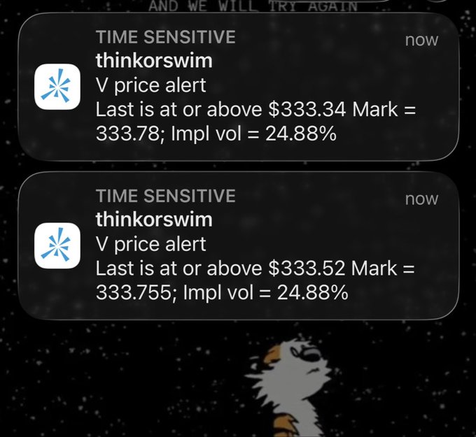 The image presents a screenshot of two black screens with information displayed, including a Twitter message showing that a "Time Sensitive" account has an alert for the price at $3.83M. The second screen shows the current price as $33.82M and a note stating that it is a price alert above $33,54M or below $34,87M. In addition to the price information, there is also some text indicating a "V" account has been set up for the Twitter app.