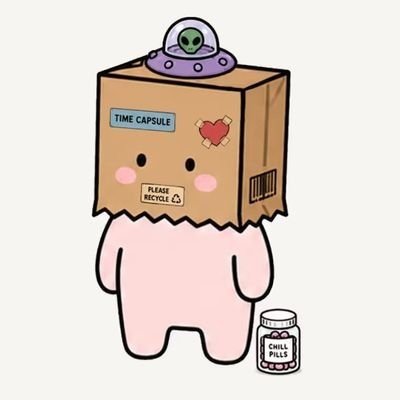A cute cartoon illustration of a pink character wearing a cardboard box on its head labeled 'TIME CAPSULE' and 'PLEASE RECYCLE', with a small UFO on top containing a green alien, and a bottle of 'CHILL PILLS' next to it.