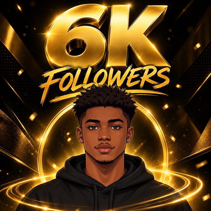 A celebratory digital artwork featuring an animated character in a black hoodie with golden text reading '6K FOLLOWERS' displayed against a black and gold background.