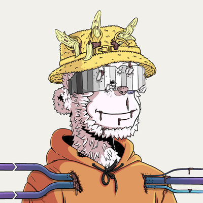 An anime-style illustration of a grinning character wearing a straw hat with horns and pixelated sunglasses, with several knives piercing through their orange hoodie.