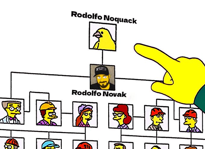 A Simpsons-style family tree diagram labeled 'Rodolfo Noquack' and 'Rodolfo Novak' with various characters branching down, pointed at by a yellow cartoon hand.