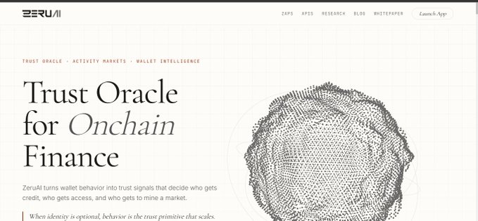 A website header for 'ZERUAI' displays the tagline 'Trust Oracle for Onchain Finance' alongside an abstract wireframe sphere graphic.
