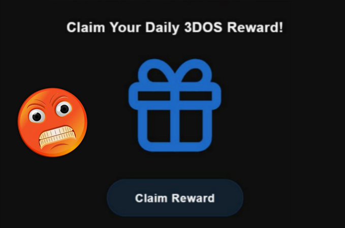The image shows a "Claim Your Daily 3DOS Reward!" screen with a grimacing emoji next to a blue gift icon and a "Claim Reward" button. The accompanying post expresses frustration about farming 3DOS Network points for two years without any airdrop updates, token allocation details, or confirmed TGE date, drawing a comparison to $GRASS—a sentiment visually echoed by the distressed emoji reacting to the unrewarding daily claim ritual.
