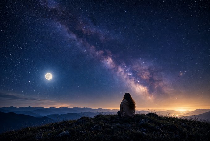 A scenic photograph of a person sitting on a hilltop gazing at the Milky Way galaxy stretching across a starry night sky, with a bright moon and distant mountain silhouettes.