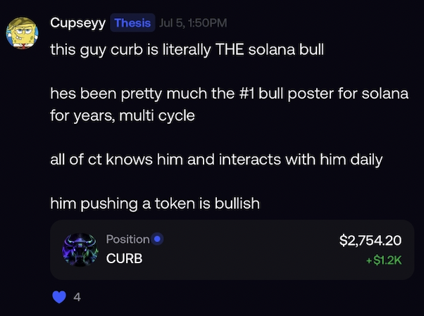 Discord/social media post by 'Cupseyy' on July 5 discussing a Solana bull pushing a CURB token, showing a position at $2,754.20 with +$1.2K gain.