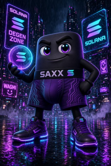 A 3D-rendered Solana mascot character with a 'SAXX' labeled torso, purple shorts, and glowing sneakers holds a Solana coin in a neon-lit cyberpunk cityscape with 'SOLANA' and 'DEGEN ZONE' holographic signs.