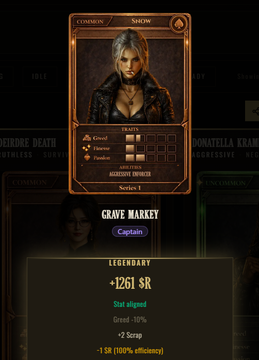 A video game item tooltip for a character named 'Graven Marrey' (Captain), a Legendary accessory granting +1261 SR, a 3-stat aligned status, with attributes like Greed, Charisma, and Fortitude.