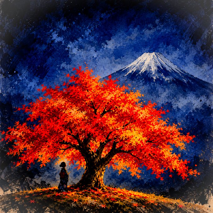 A lone figure stands beneath a vibrant red autumn maple tree, with the snow-capped peak of Mount Fuji rising majestically against a deep blue night sky in the background, capturing the essence of the "Autumn Crown" piece from the "Simple Fuji Art" Collection.