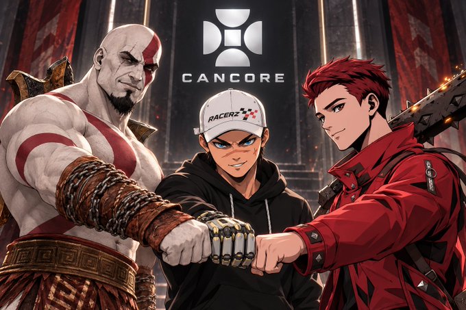 A promotional graphic for 'CANCORE' showing three stylized characters—a muscular warrior, a boy in a cap labeled 'RACERZ', and a red-haired youth—striking a fist bump pose.