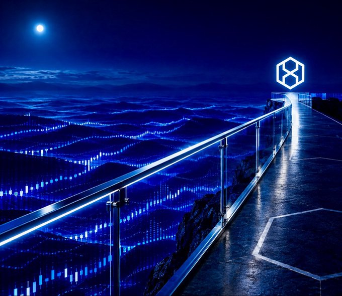 A digital artwork featuring a glowing glass bridge extending over a futuristic blue digital landscape under a moonlit sky, with a Polygon (MATIC) logo in the upper right corner.