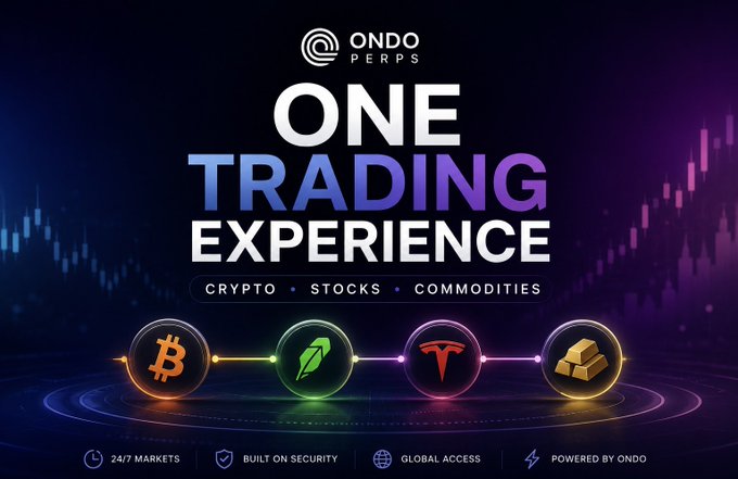 A promotional banner for ONDO PERPS advertising 'ONE TRADING EXPERIENCE' across crypto, stocks, and commodities, featuring icons for Bitcoin, a green token, Tesla, and gold, with feature highlights for 24/7 markets, security, global access, and Ondo-powered trading.