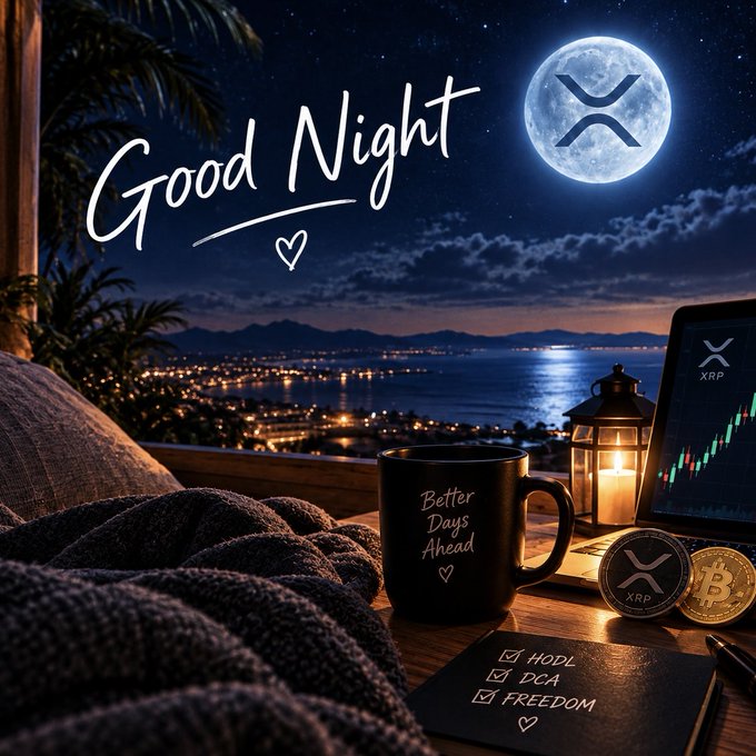 A 'Good Night' themed illustration features a moonlit coastal balcony with a mug reading 'Better Days Ahead', a laptop displaying an XRP chart, and a checklist noting 'HODL, DCA, FREEDOM'.
