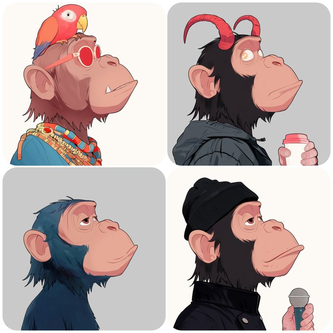 A 2x2 grid of cartoon monkey/chimp character portraits featuring different styles: one with a parrot and red sunglasses, one with red horns holding a coffee cup, a blue-furred one, and one in a black beanie holding a microphone.