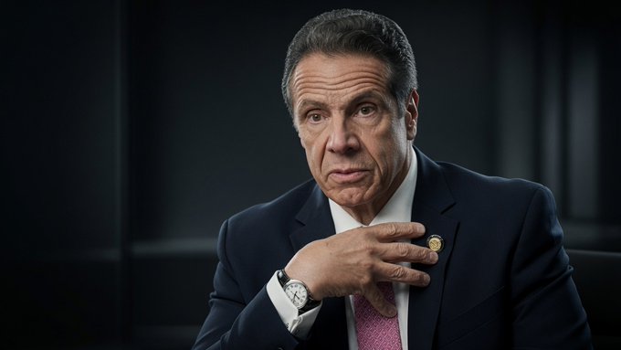 Former New York Governor Andrew Cuomo is shown in a formal portrait, wearing a dark suit and pink tie, reflecting his new role on the board of cryptocurrency exchange OKX.