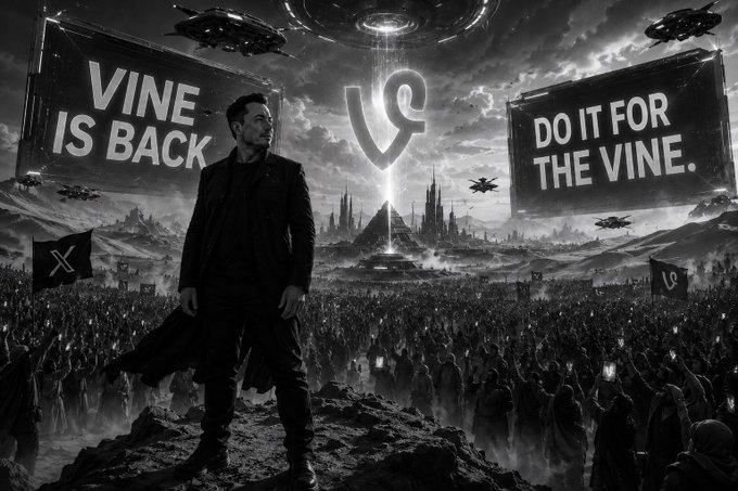 A dramatic black-and-white promotional poster features a man in a long coat standing before a massive crowd, with banners reading 'VINE IS BACK' and 'DO IT FOR THE VINE.' alongside the Vine logo, set against a futuristic dystopian cityscape with UFOs.