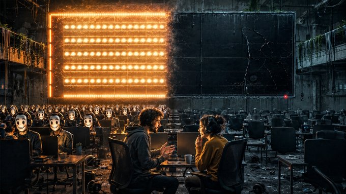 A dystopian scene of rows of identical figures with smiling masks working at laptops facing a massive glowing orange data wall and a cracked dark screen in a ruined industrial hall.