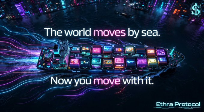 A futuristic neon-lit cargo ship is emblazoned with the text "The world moves by sea. Now you move with it." alongside the "Ethra Protocol" and "$" logos. The image visually reinforces the post's message about EthraShip being a tangible RWA (Real World Asset) project, where Ethra Invest's existing dry bulk shipping operations from 2021 are tokenized into an on-chain digital layer with real charter revenue.