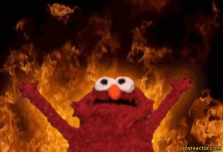 The image features a cartoon character, specifically Elmo from Sesame Street, with his arms raised high above his head against a backdrop of fire. The fire appears to be burning brightly, creating an intense atmosphere around the character. The caption below the image reads "Be good if ETH could go up at some point MyETH denominated NFT portfolio is in shambles". This phrase suggests that the character's popularity or value might increase over time, potentially increasing the worth of his digital assets.