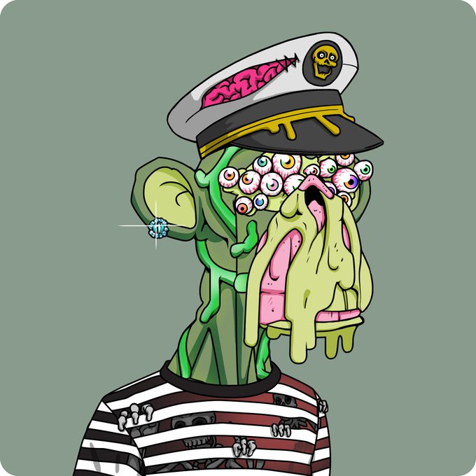 A grotesque cartoon illustration depicts a green zombie-like creature wearing a captain's hat with an exposed brain, featuring many eyes and a diamond earring, dressed in a striped shirt.