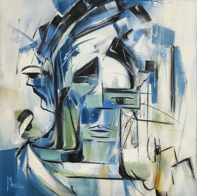 An abstract cubist-style painting in shades of blue, green, white, and black depicting fragmented facial features, signed 'Manell' in the bottom left corner.