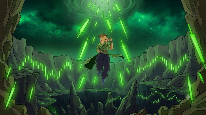 An animated illustration showing a character in green clothing leaping among falling green glowing crystals inside a cavernous landscape.