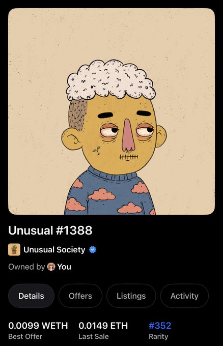 A cartoon-style NFT from the "Unusual Society" collection, titled "Unusual #1388," depicts a quirky character with curly gray hair, half-closed eyes, a stitched mouth, and a blue cloud-patterned sweater. The image shows it is owned by the user with a best offer of 0.0099 WETH and a last sale of 0.0149 ETH, fitting the post expressing satisfaction despite not getting the "unusual girl" variant desired.