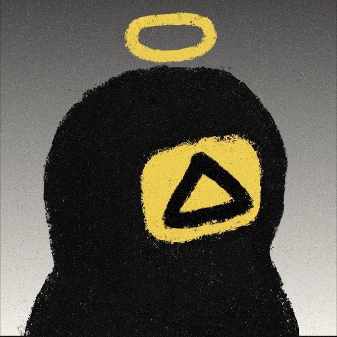 An artistic illustration depicts a dark silhouette figure with a yellow halo floating above its head, featuring a yellow triangular symbol on its face, rendered in a textured paint style.