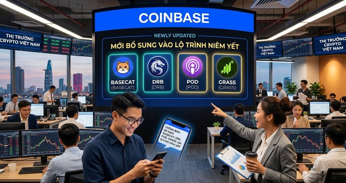 A busy trading floor with a large 'COINBASE' screen displaying 'NEWLY UPDATED' listings for BASECAT, DRB, POD, and GRASS, with Vietnamese text 'MỚI BỔ SUNG VÀO LỘ TRÌNH NIÊM YẾT' and 'THỊ TRƯỜNG CRYPTO VIỆT NAM' on side screens.