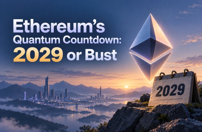 The image is a dramatic promotional-style graphic featuring the Ethereum logo as a glowing crystalline structure on a rocky peak overlooking a misty cityscape at sunset, with a calendar prominently displaying "2029." Bold text reads "Ethereum's Quantum Countdown: 2029 or Bust," visually reinforcing the post's urgent message about Ethereum setting a concrete December 2029 deadline to address quantum computing vulnerabilities before a majority of ETH holdings become exposed.