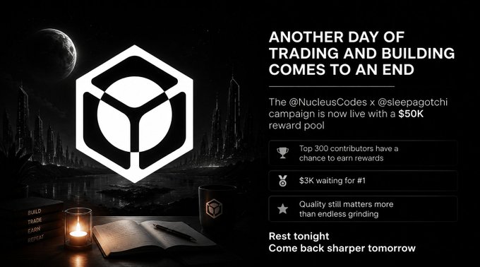 A dark promotional image for '@NucleusCodes x @sleepagotchi' campaign announcing a $50K reward pool, featuring a hexagonal logo, moonlit cityscape, and details about $3K for #1 and quality-focused rewards.
