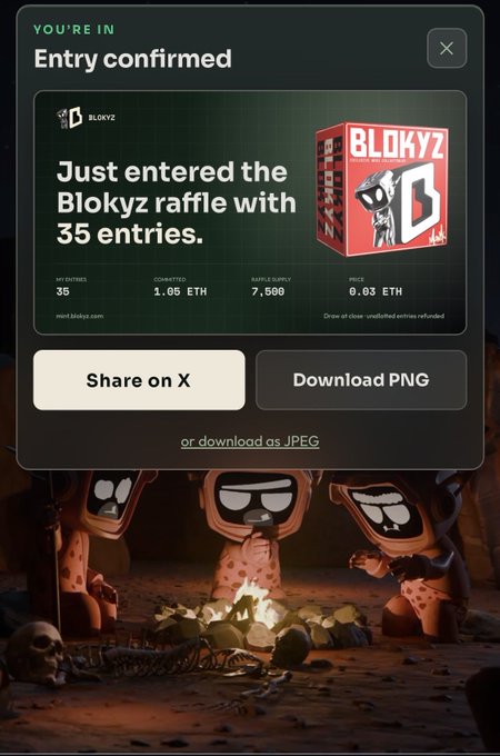 A confirmation screen showing 'Entry confirmed' for the Blokyz raffle with 35 entries, 1.06 ETH committed, raffle supply of 7,500, and 0.03 ETH price, displayed over a cartoonish skull campfire background.