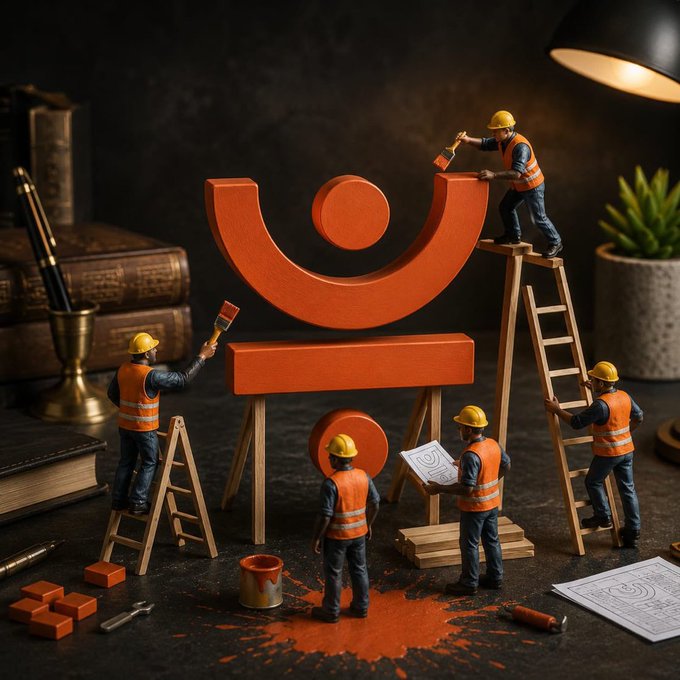 A miniature scene shows construction worker figurines painting and assembling a large orange @ symbol on a desk.