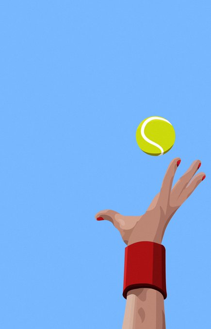 A digital illustration of a hand with red nail polish tossing a tennis ball against a blue background.