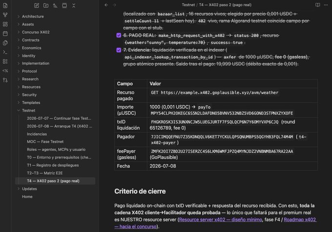 A dark-themed note-taking application (Obsidian) displays technical documentation in Spanish about a X402 payment protocol testnet, showing transaction details including a 0.001 USDC payment, txID, gasless feePayer, and weather resource URL.