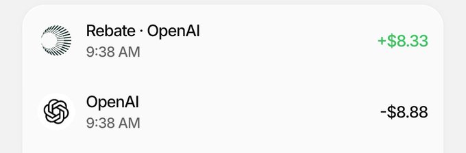 A transaction record shows a rebate of +$8.33 from OpenAI at 9:38 AM and a charge of -$8.88 from OpenAI at the same time. The post about a 6-month free Core grade promotion for the Android launch relates to the image by showing a small net cost for the OpenAI service after applying the rebate.