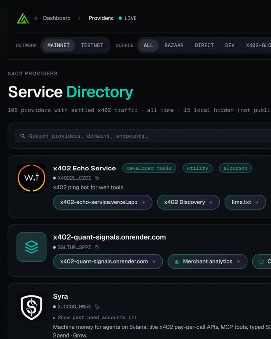 A dark-themed dashboard for 'x402 Providers' Service Directory showing 108 providers with settled x402 traffic, displaying entries like 'x402 Echo Service' by wen.tools, 'x402-quant-signals.onrender.com', and 'Syra'.