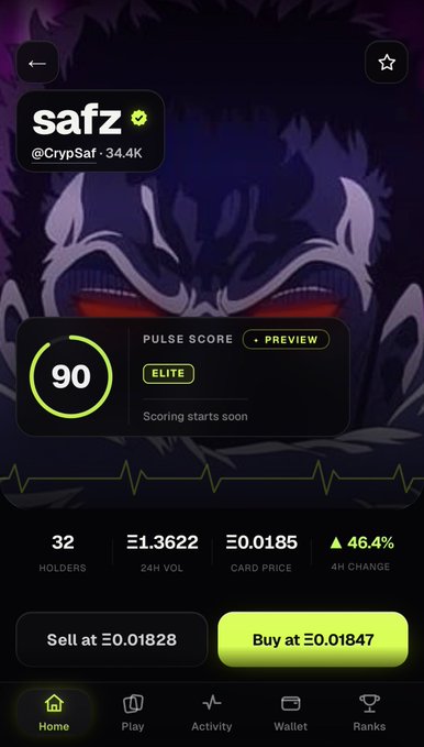 A dark-themed digital trading card interface displays "safz" (@CrypSaf) with a 34.4K follower count, showing a Pulse Score of 90 in the "Elite" tier with 32 holders. The card features stats including a 24H VOL of Ξ1.3622, a current card price of Ξ0.0185, and a 46.4% 4H change, with sell/buy options at Ξ0.01828 and Ξ0.01847—reflecting the creator's appreciation for reaching 32 holders on what they describe as a Fantasy Top-style platform.